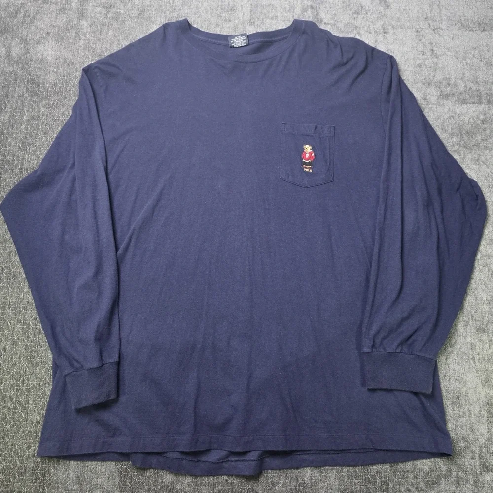 Vtg Made USA Polo Ralph Lauren Bear Selvedge Pocket T Shirt Long Sleeve XXL 2XL